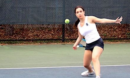 Staples girls tennis teammates in action at the start of the new season include, Sadie Yanks, above, Aanya Gandhi, lower left, and Liv Lazar.