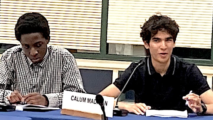 Student representatives to the Board of Education, Staples students Souleye Kebe, left, and Calum Madigan suggested phasing-in a ban on cellphone use at the school.