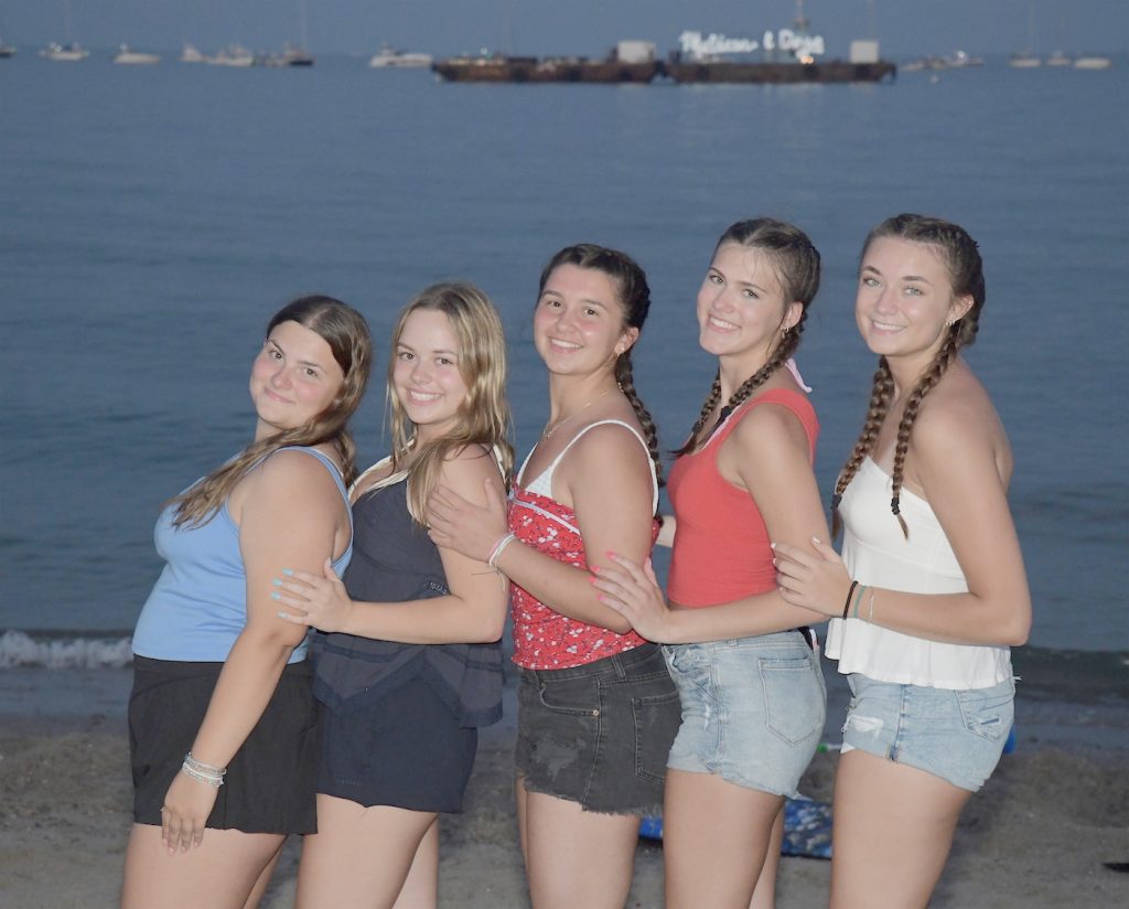 Skylar Kellogg, Aleks Kotonska, Sophia Roldan, Katelyn Stoll and Sarah Cilia in front of the fireworks barge.
