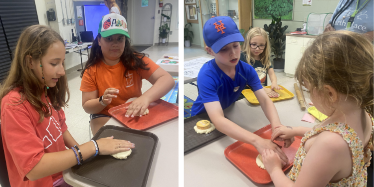 At left, Hannah Grotheer (left) and Allie O'Grady prepare salt dough for paw prints. At right, At right, Owen Killian helps his sister Audrey make a mountain lion paw print.