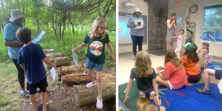 At left, Naturalist Natalie Younger discusses the case with Aaron Grotheer while Violet Seltzer-Swain looks for more areas to investigate. At right, Naturalist Natalie Younger briefs the Nature Detectives on possible suspects.