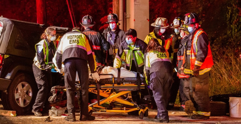 A Westport EMS crew operates at a motor vehicle accident in October 2020 alongside Westport firefighters - Photo Ryan Blake