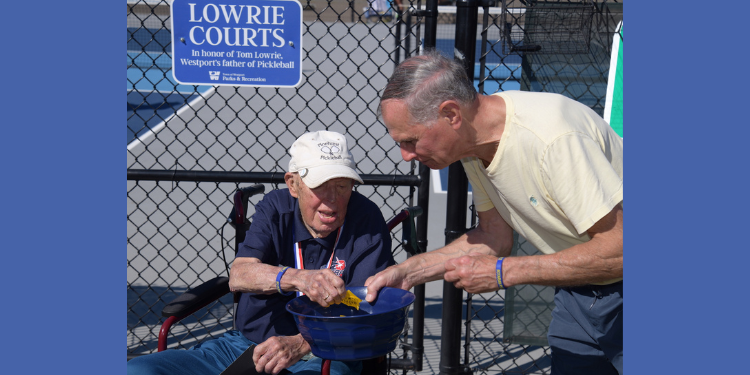 Tom Lowrie honored at Compo pickleball court dedication