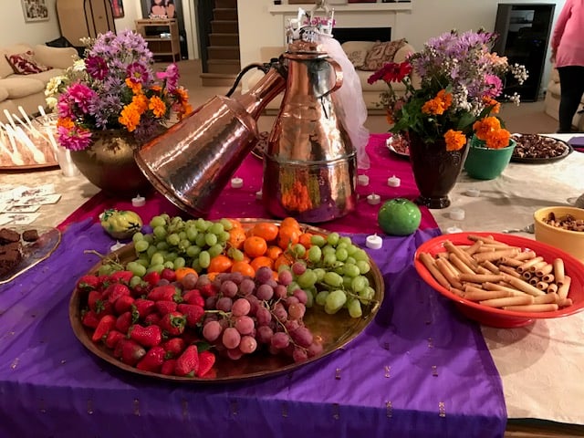 Elise Meyer put together this display of flowers and fruit for her sukkah celebration beneath the stars.
