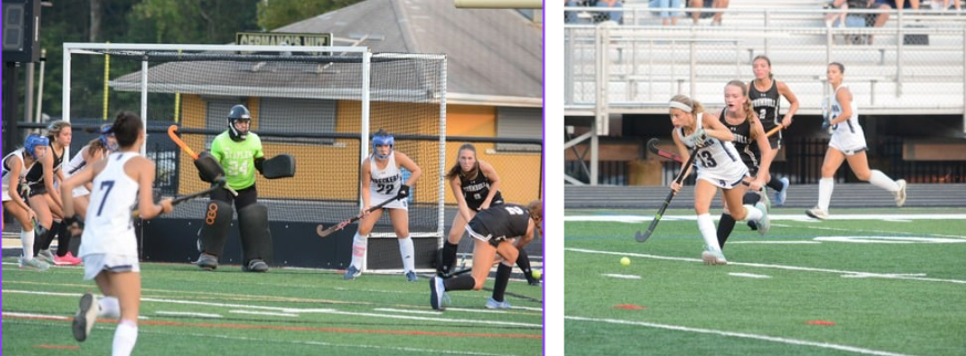 At left, Goaltender Paige Knesich prepares to make a save as defenders, including Ella Ledenko, right, compete in a 4-0 win at Trumbull on Friday; Leah Larit uses her speed to move up the field - Photos Andy Hutchison