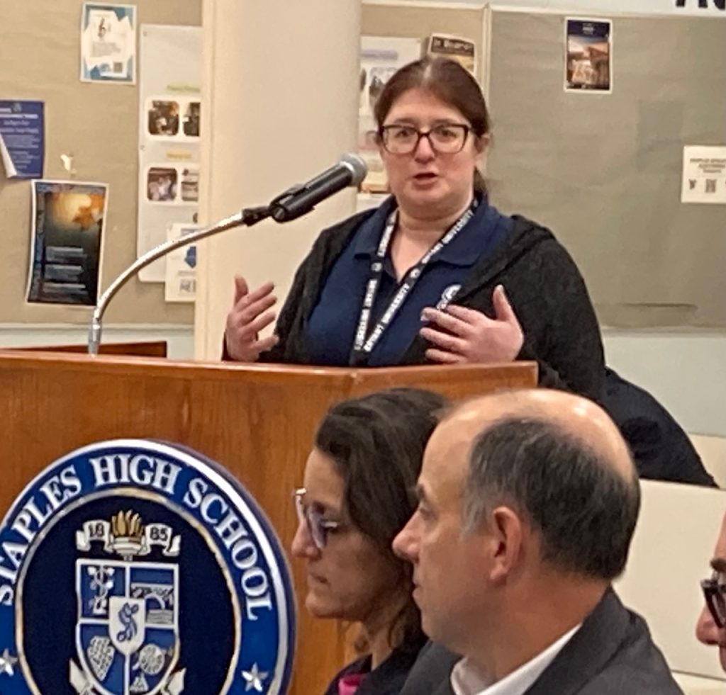 Stacey Delmhorst, a Staples teacher and president of the Westport Education Association