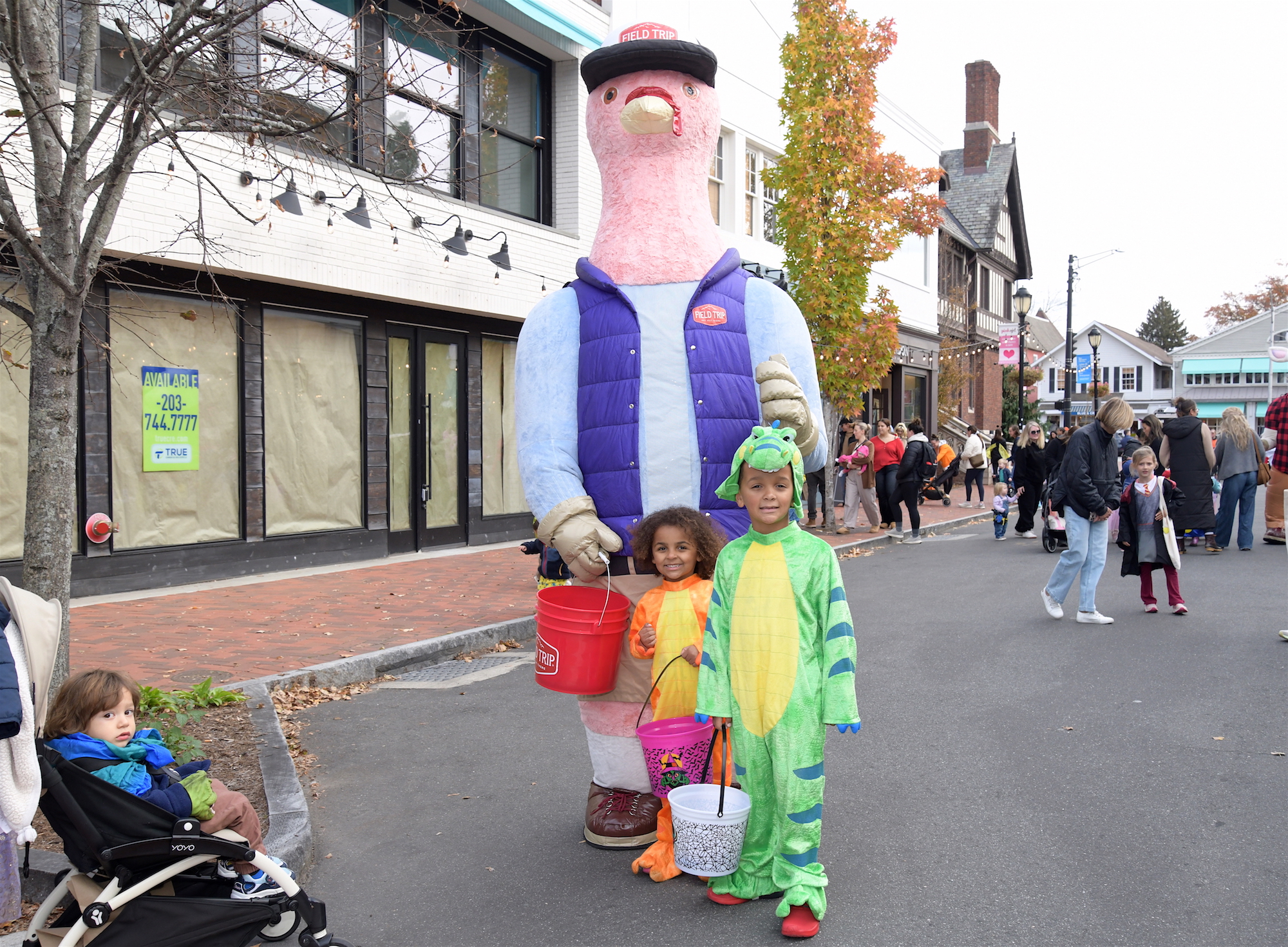 Reid Myers (6), Nell Myers (4), Norwalk and Field Trip co-owner, Tom Turkey, actual name is really Tom