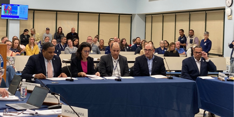 Staples Principal Stafford Thomas (left) and other Staples administrators present cell phone free implementation committee - Photos Linda Connor Lambeck