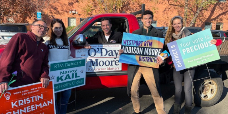 Representative Town Meeting candidates for D9: (L-R): incumbents Sal Liccione, Nancy Kail, and Andrew Colabella; newcomers Addison Moore and Rachel Precious - Photo Gretchen Webster