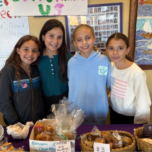 An Election Day tradition at Greens Farms Elementary School is the fifth grade bake sale to support 5th grade graduation. From left: Harper Miller, Zoe Hendel, Keira Burton and Kira Weinstock - Photo Gretchen Webster