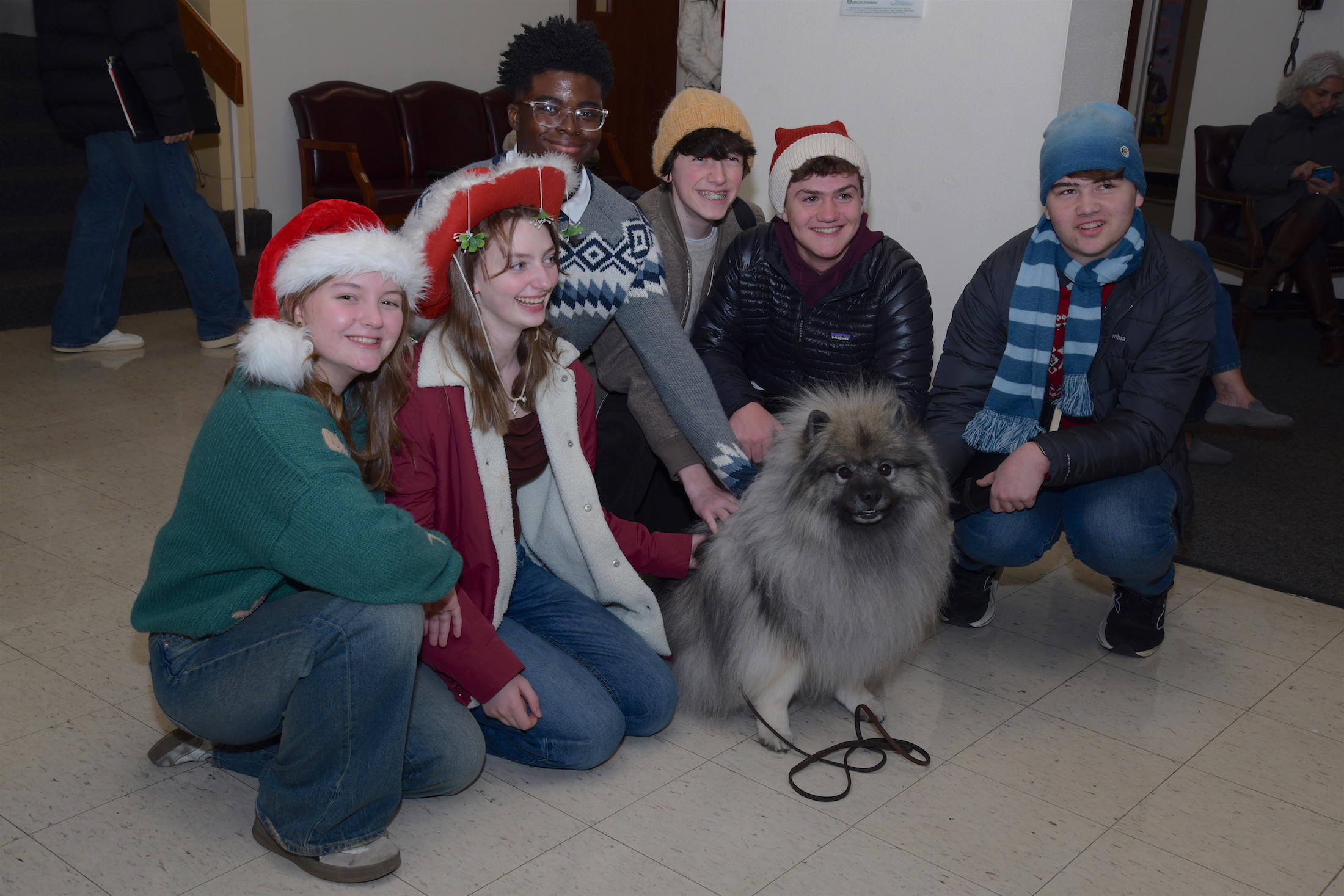 Sophia Macris, Helen Root, Jeffery Nwafor, Eli Abrams, Grayson Jandora, James Donoghue with Yogi Bear, the “Mayor of Westport” - Orphenians gathering before the show