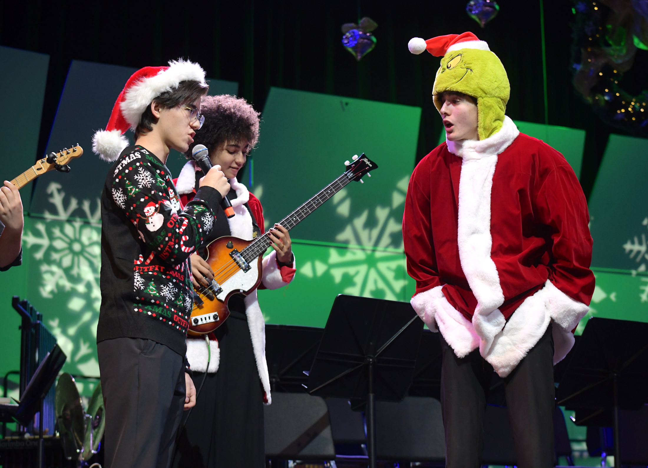 Trio playing jingle bell rock, Connor Yuan, choir, Mia Moore, orchestra , Will McCrea, choir