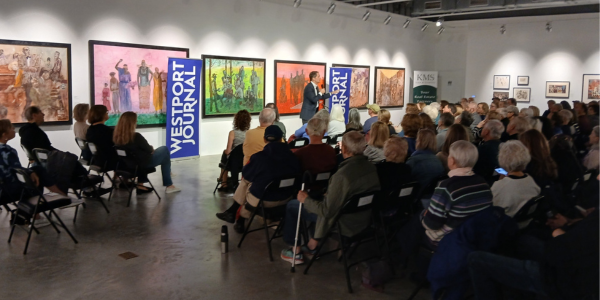 Jim Himes addresses the crowd at MoCA, March 30, 2026 - Photo Westport Journal
