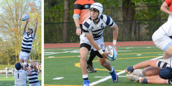 Mike Wang lifted in the lineout; Adrian Nashawaty picks up the ball and prepares to throw it to a teammate - Photos Andy Hutchison