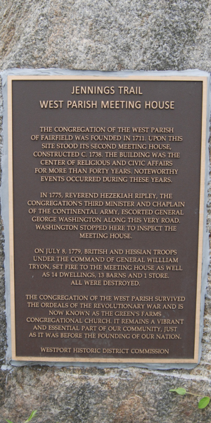 The Jennings Trail West Parish Meeting House plaque - Photo Westport Journal