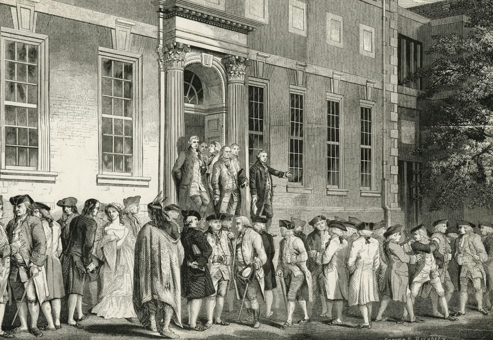 An engraving shows John Nixon reading the Declaration of Independence after its passage in Philadelphia - Photo Wikimedia Commons NYPL