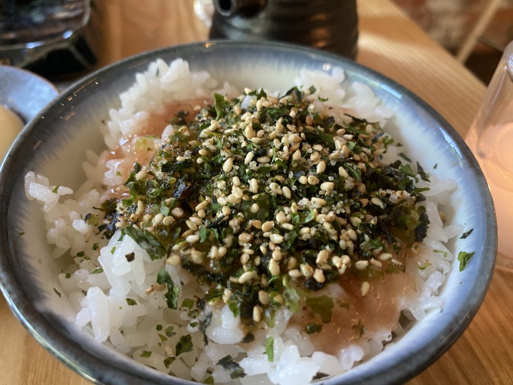 The rice that comes with the robata carries plum sauce, seaweed and sesame seeds