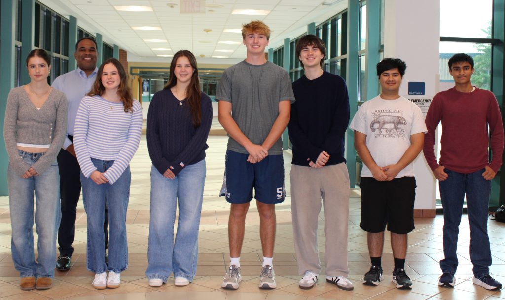 Principal Stafford W. Thomas with SHS semifinalists (L to R) Gabriella White, Charlotte Roberts, Cora Barrett, Tyler Little, Joseph Carpenter, Ayush Rudra, and Sahil Vora - Contributed photo