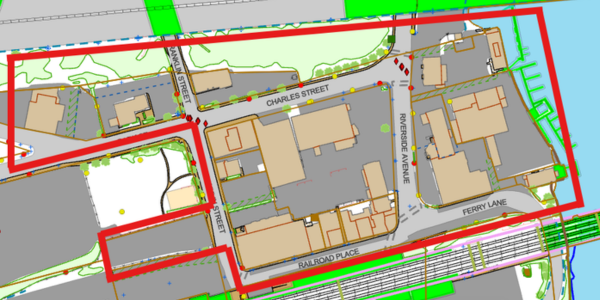 The 14 commercial properties inside the red border are covered by the new text amendment - Image Town of Westport GIS